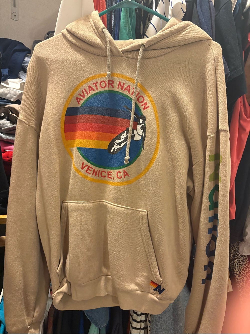 Aviator Nation Beige Hoodie with Multicolor Venice Circle Logo